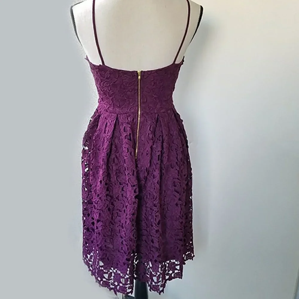 LOVE...ADY Lace Dress S Midi Spaghetti Fit Flare Wine Overlay 2/4 Aqua NWOT 50s - Picture 3 of 14